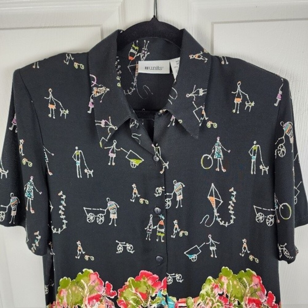Vintage Units 80s 90s Rayon Blouse Abstract Art To Wear Shirt Shoulder Pads M - Picture 10 of 14